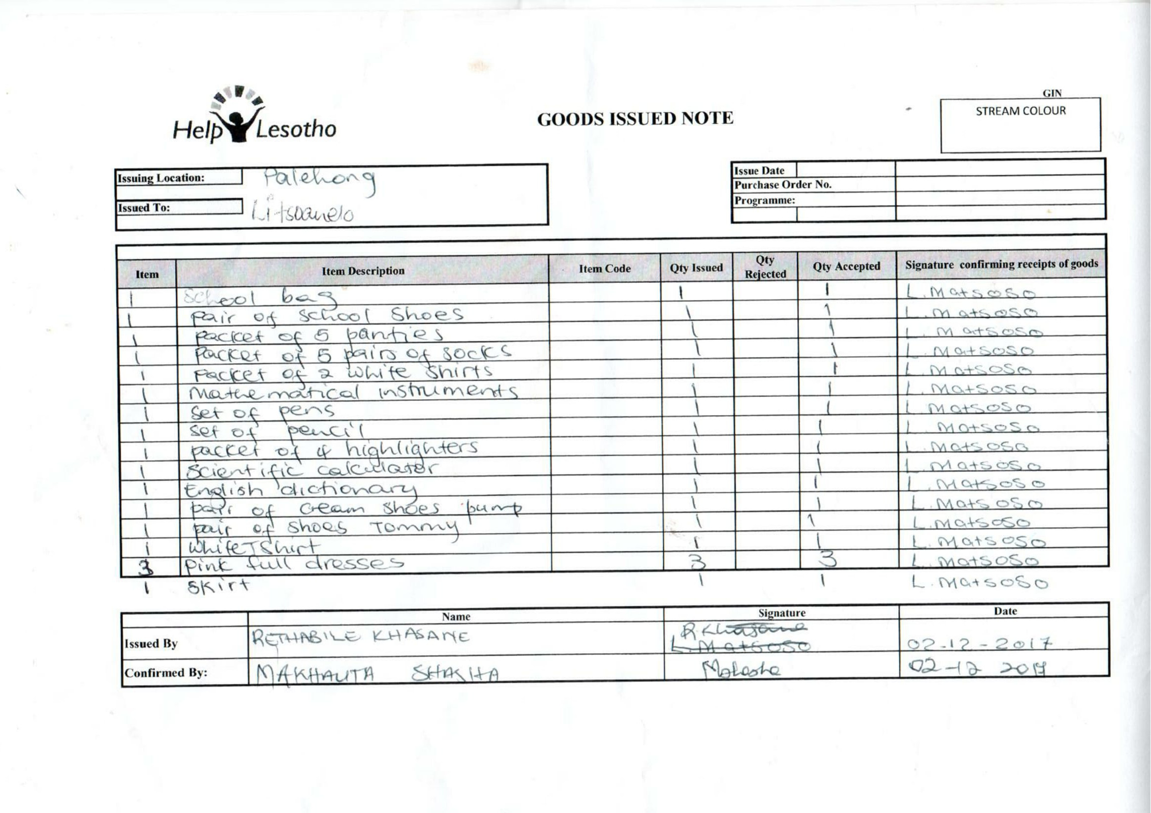 Goods issue note for Lits’oanelo in Lesotho